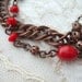 Red & Pearl Beaded Rhinestone Bracelet Antique Copper Metal Vintage Style Rhinestone Textured Chain