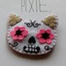 Cat Sugar Skull felt embroidered brooch Day of the Dead White & Pink