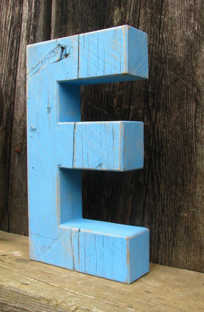 Large Painted Distressed Wooden Letter, Shabby Chic, Salvaged Barn Wood Letter, Sky Blue, Nursery Alphabet Letter E