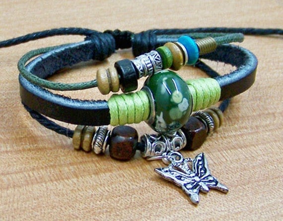 DIY Jewery ,Friendship  leather bracelets bangle ---   green ceramic bead ,silver metal butterfly,blue  wooden beads ,adjustable length rope