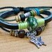 DIY Jewery ,Friendship  leather bracelets bangle ---   green ceramic bead ,silver metal butterfly,blue  wooden beads ,adjustable length rope