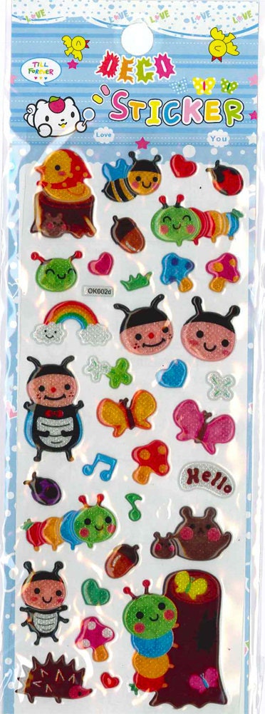 Kawaii Scrapbook Die-cut Puffy Stickers, Happy garden bugs (with shinny surface)(STPU01100)