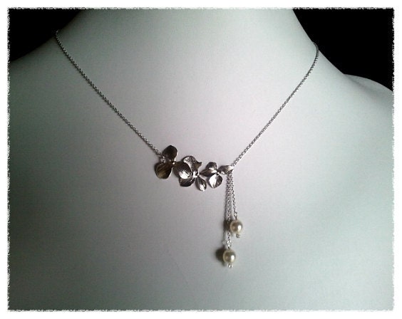 Orchids Flowers with White Pearl Pendant Necklace, Charm necklace, bridesmaid gifts,Wedding jewelry,flower girl,anniversary gift