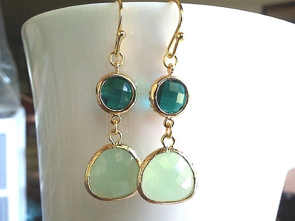 Green Grass Gold Earrings,Drop, Dangle, Glass Earrings,bridesmaid gifts,Wedding jewelry
