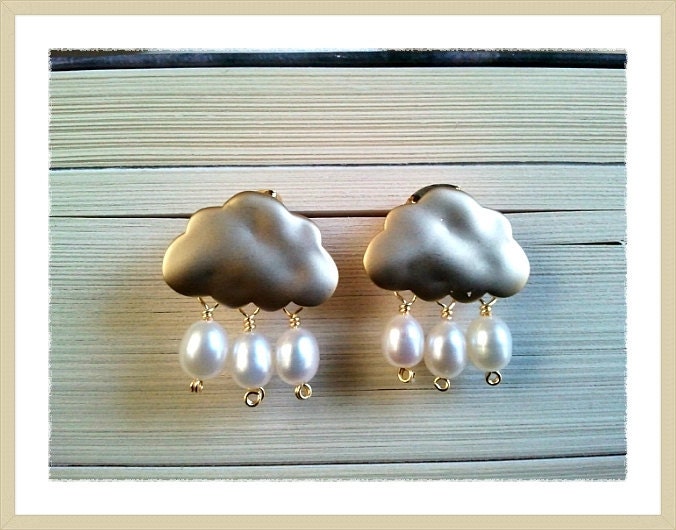 Cloud with Pearl Gold Earrings -Drop, Dangle, Glass Earrings, bridesmaid gifts,Wedding jewelry