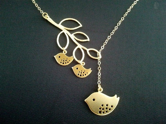 Family Bird on the branch Lariat Necklace, Bird Pendant Necklace, branch Charm Necklace, mother's day gift, grandmother gift