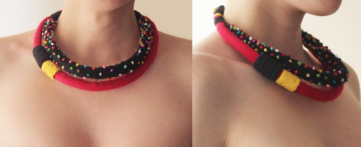 Colorful Beaded Felt Necklace, Black and Red Felt Necklace with colorful wood beads
