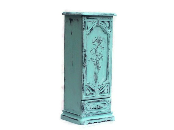 Farmhouse Aqua, Jewelry Box, Armoire, French Decoupage, Monogrammed, OOAK