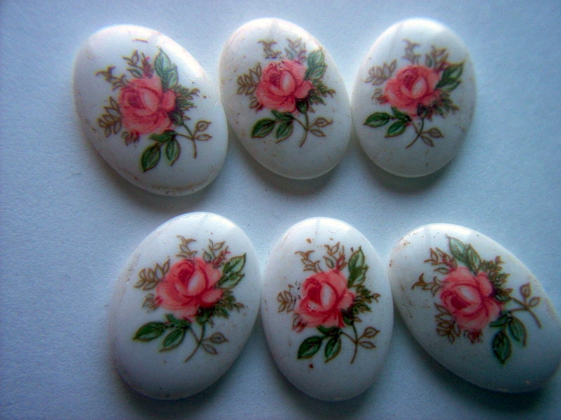 Vintage Pink Rose Glass Cabochons x 6