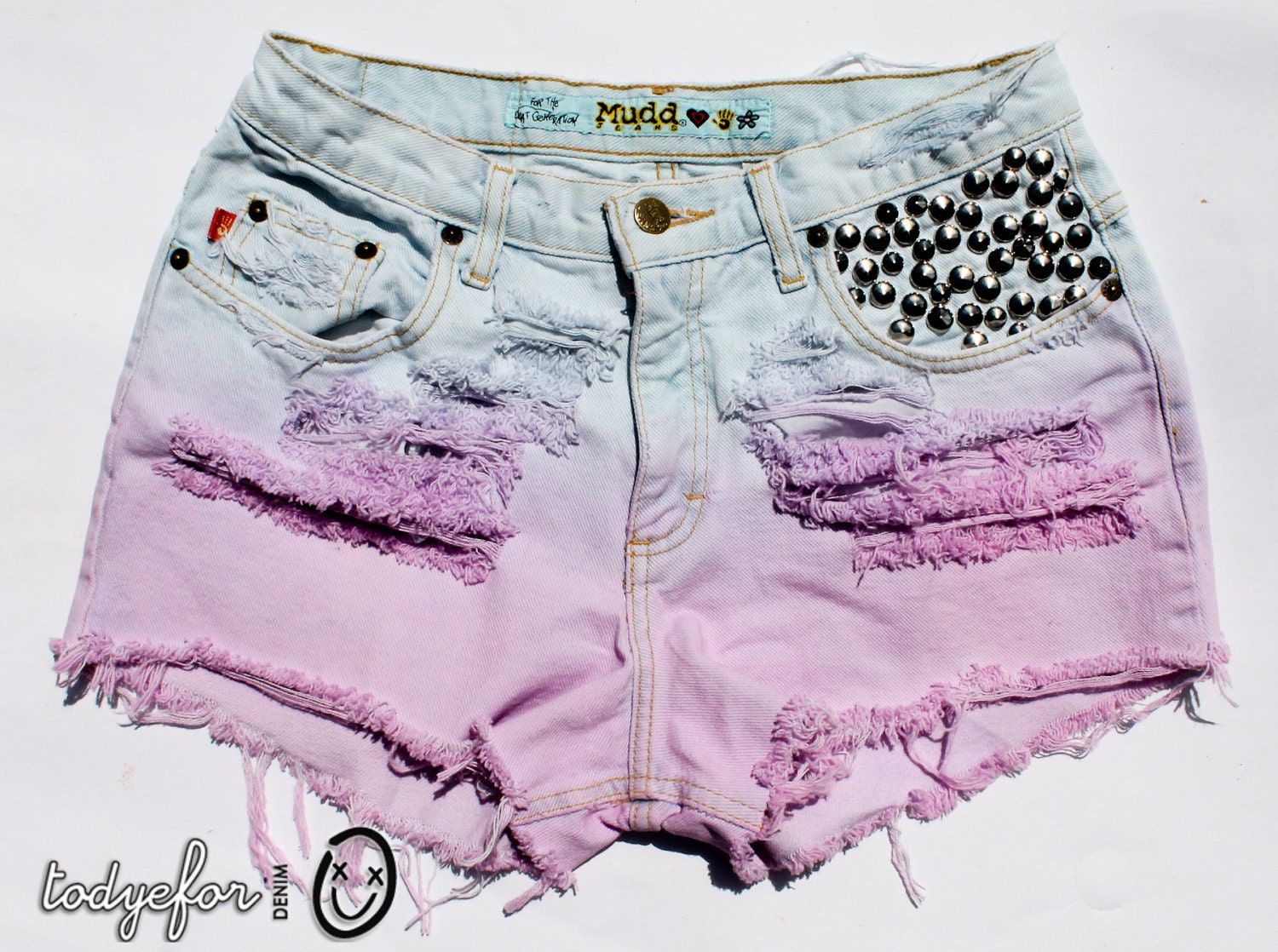 SALE pastel pink, purple, and light blue ombre / vintage denim / assorted conical studs & destroyed / midrise shorts