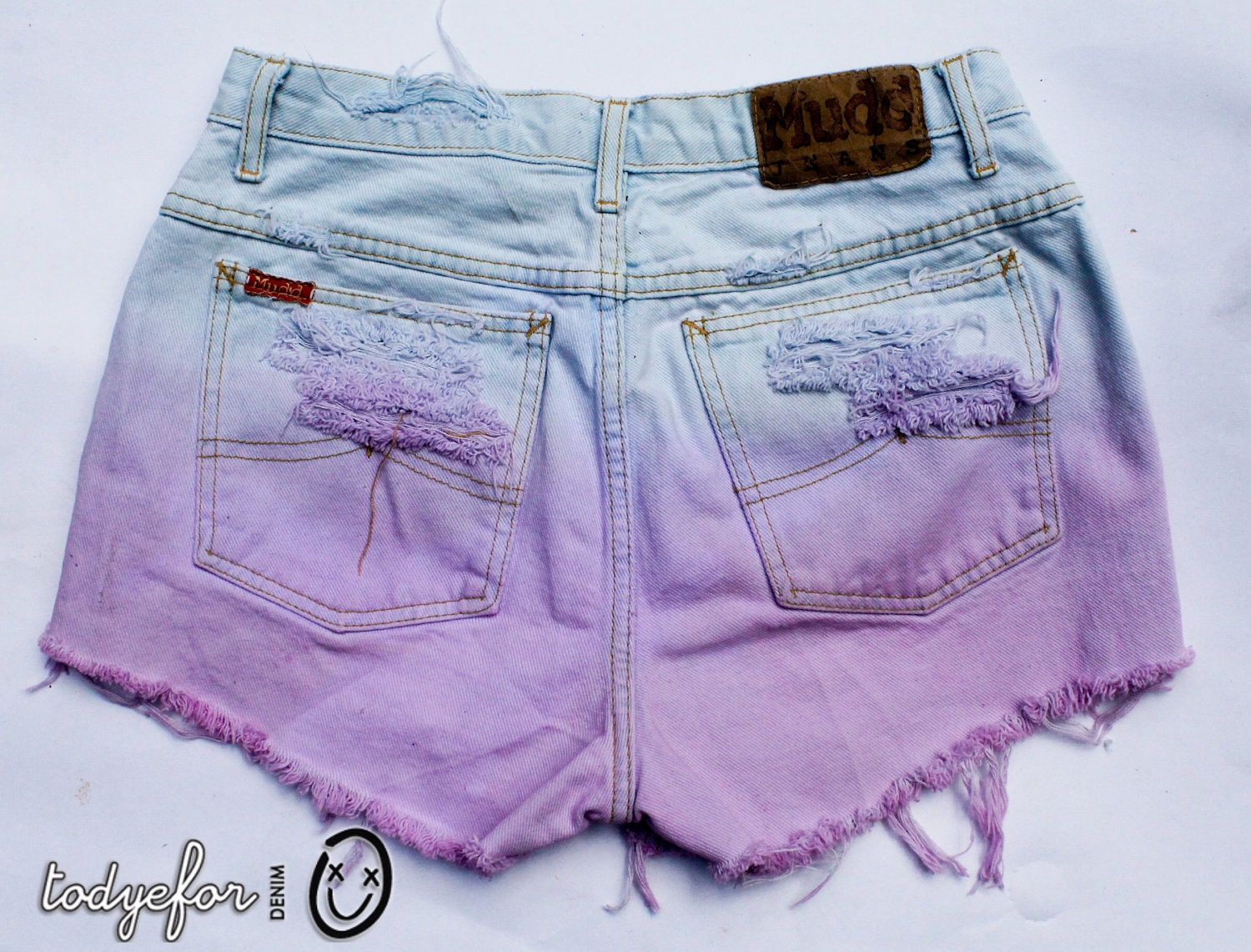 SALE pastel pink, purple, and light blue ombre / vintage denim / assorted conical studs & destroyed / midrise shorts