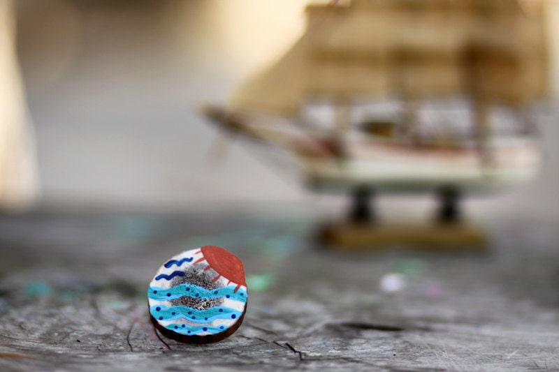Painted Antler Ring - Wearable Art - Natural Deer Antler Slice Silver Adjustable - Ocean Sea Birds - Blue Aqua Orange