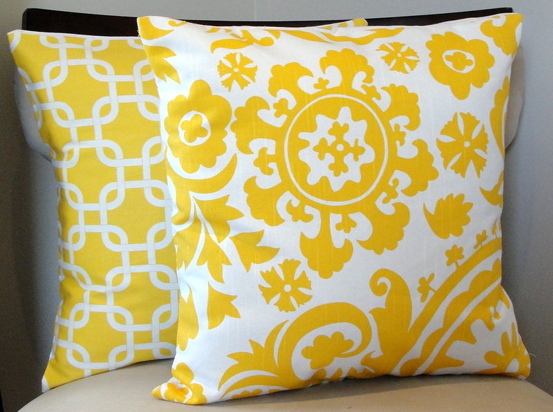 Yelllow Decorative pillow Suzani pillow  Geometric pillow accent pillows 18x18 inches SET OF TWO