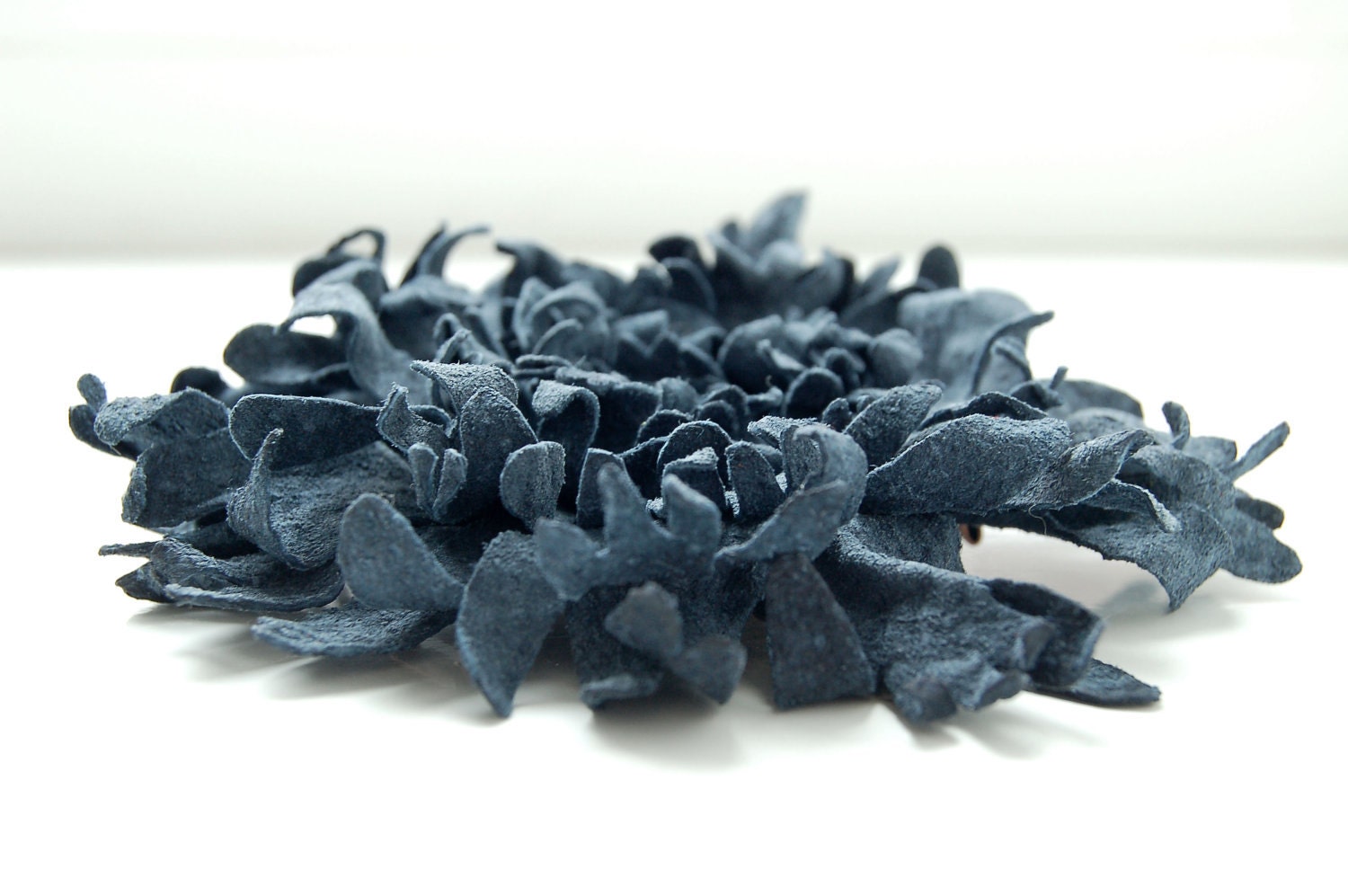 Navy blue leather flower pin brooch