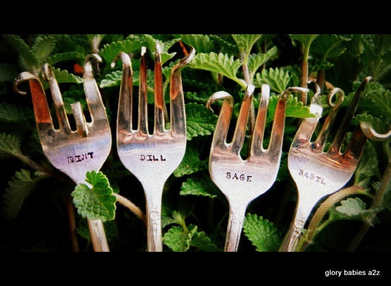 Vintage Custom Hand Stamped Herb Garden Marker Forks gift