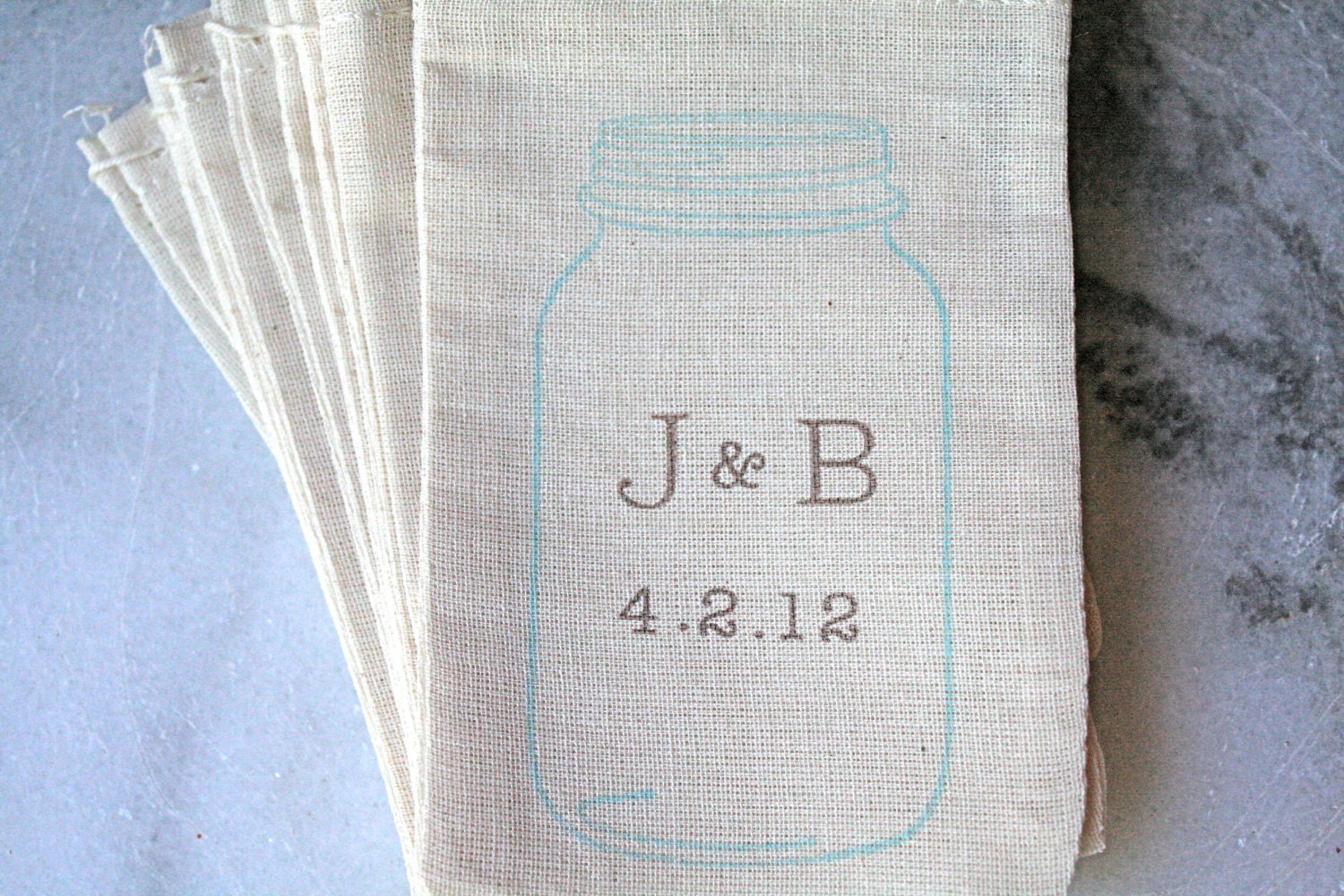 Personalized wedding favor bags, muslin, 3x5. Set of 50. Blue mason jar with custom initials and date.