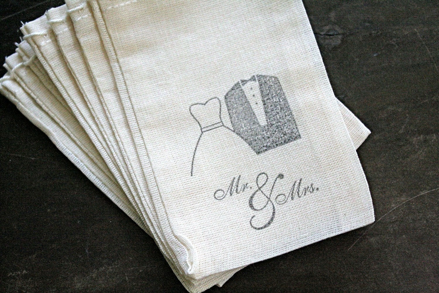 Wedding favor bags, muslin, 3x5. Set of 50. Tux and dress with Mr. and Mrs. script in black on natural white muslin.