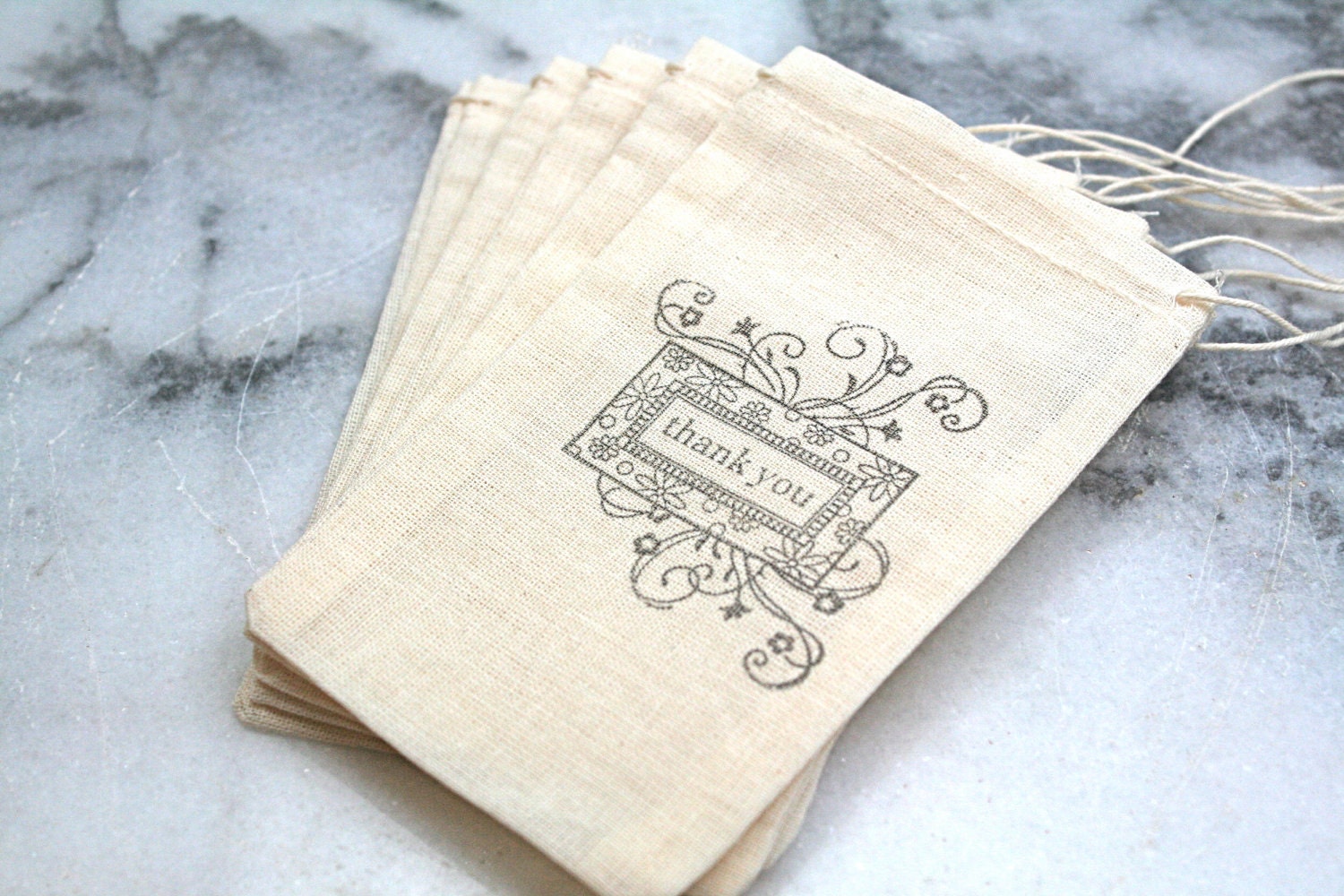 Wedding favor bags, muslin, 3x5. Set of 50.  Thank you frame with floral details in black on natural white cotton.