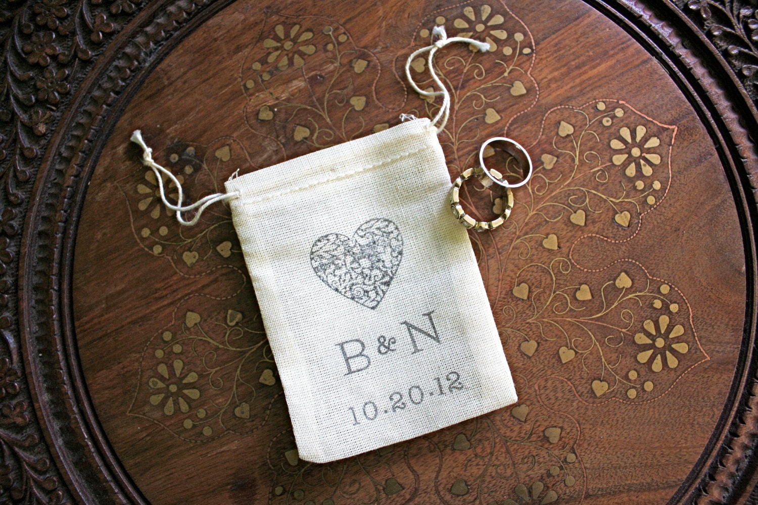 Personalized wedding ring bag.  Ring pillow alternative, ring bearer accessory, ring warming ceremony..  2.5x4 muslin bag.