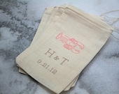 Personalized wedding favor bags, muslin, 3x5. Set of 100.  Red lobster with custom initials and wedding date.
