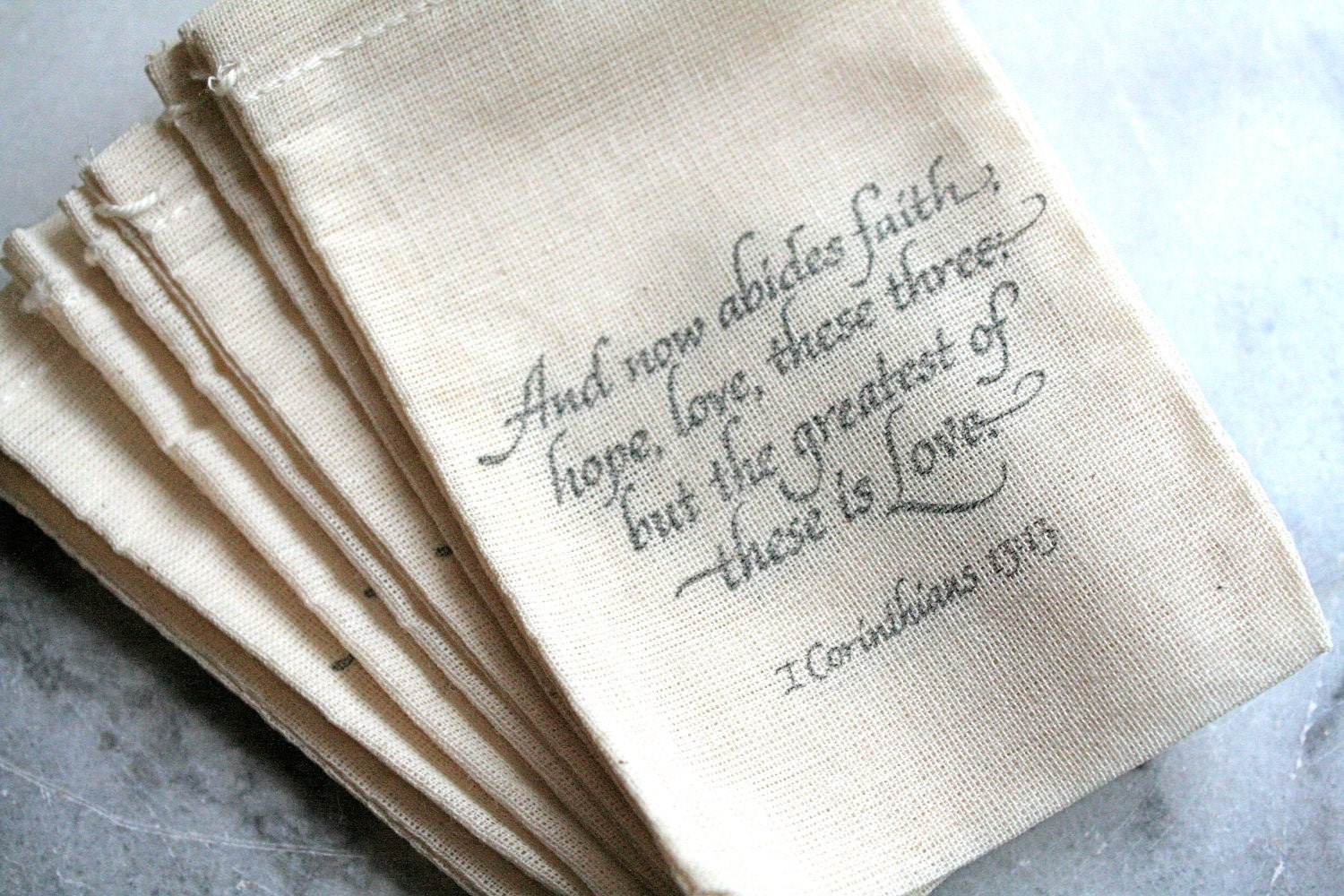 Wedding favor bags, muslin, 3x5. Set of 50. I Corinthians script in black on natural white cotton.