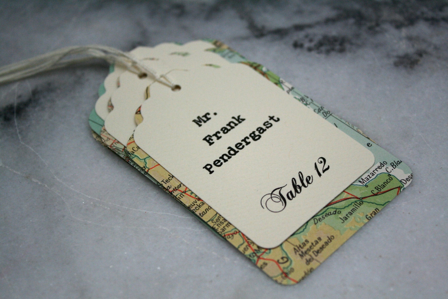 Wedding escort card, seating card.  Unique layered escort cards made from vintage atlas pages.  Custom printed.