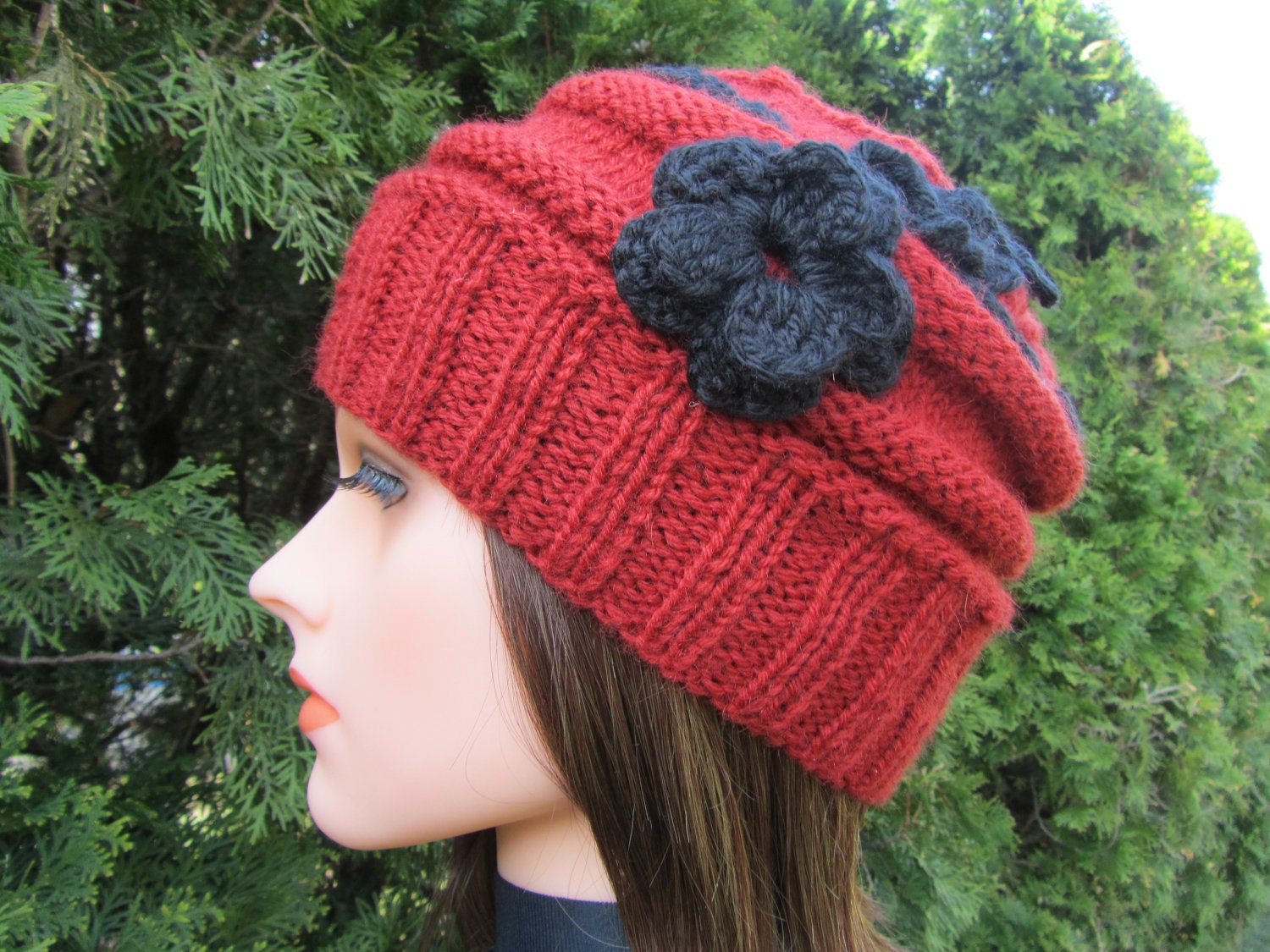 Black Hat with a Red Flower, Hand Knit Hat, Hat for Women and Girls in Red and Black