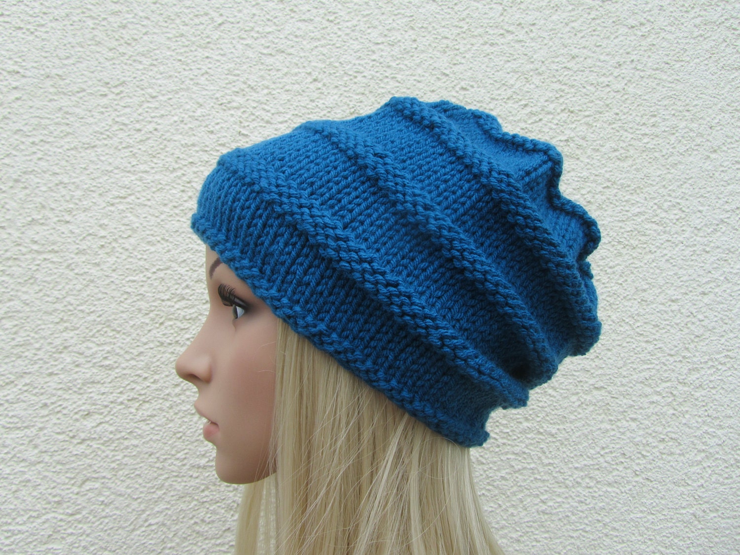 Cloche Hand Knit Hat, Unisex Hand Knitted Hat, Tam Hat in Ocean Blue,  Blue Hat for Men and Women