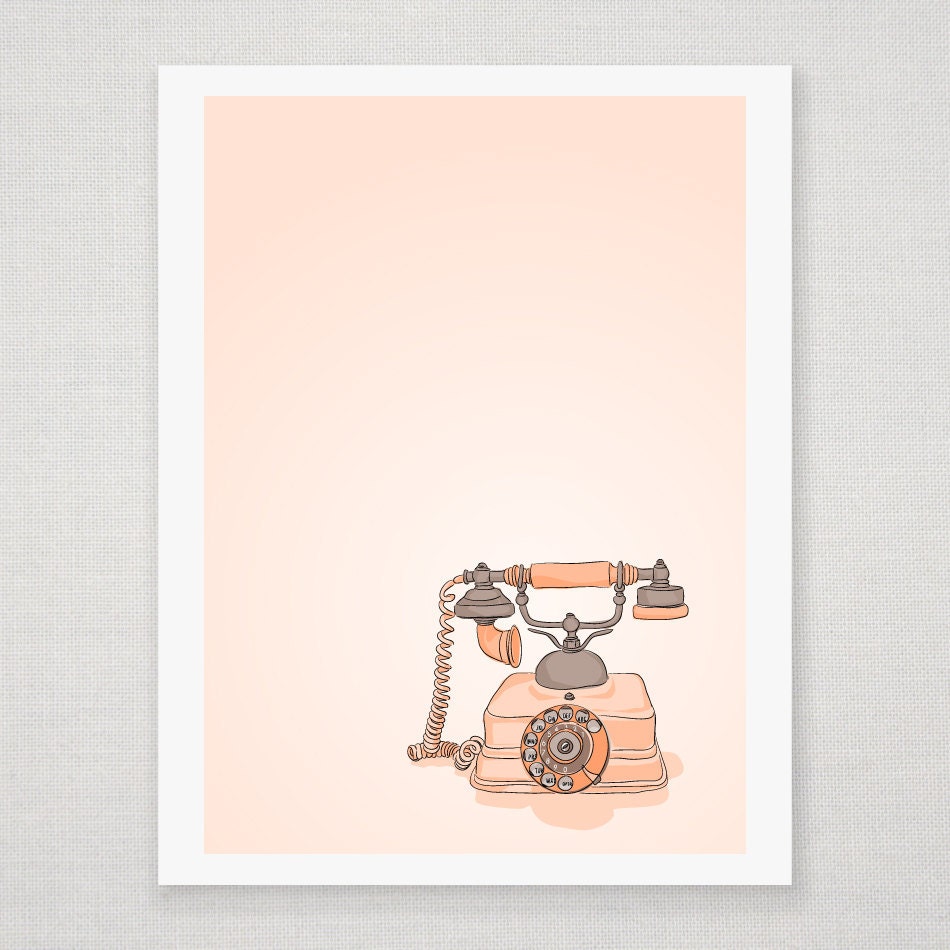 Coral Pink Vintage Phone - Illustration - 8 x 10 Matte Print