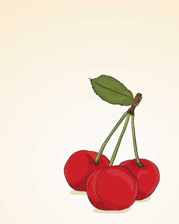 Three Red Cherries - Illustrated Print - 8 x 10 Archival Matte