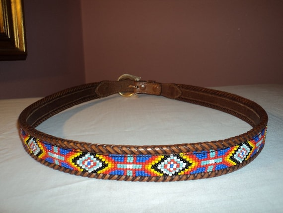 L L BEAN Indian Beaded Bead Leather Belt 38 Mens by toycrazyme