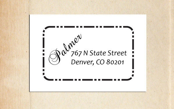 Return Address Stamp - Rectangular Dashed Border, Last Name Diagonal  2.5 x 1.5 inch