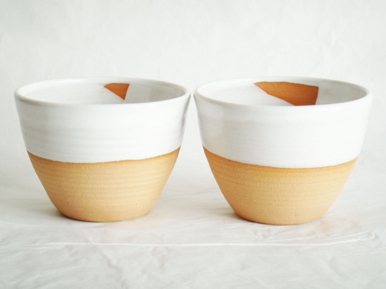 Modern white pottery cups, two ceramics tea bowls, Forest series