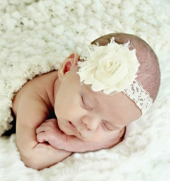 Baby Baptism Headband .. Vintage Christening Headband ..  Baby Girl Headband .. Newborn Headband .. Shabby Ivory Flower Headband
