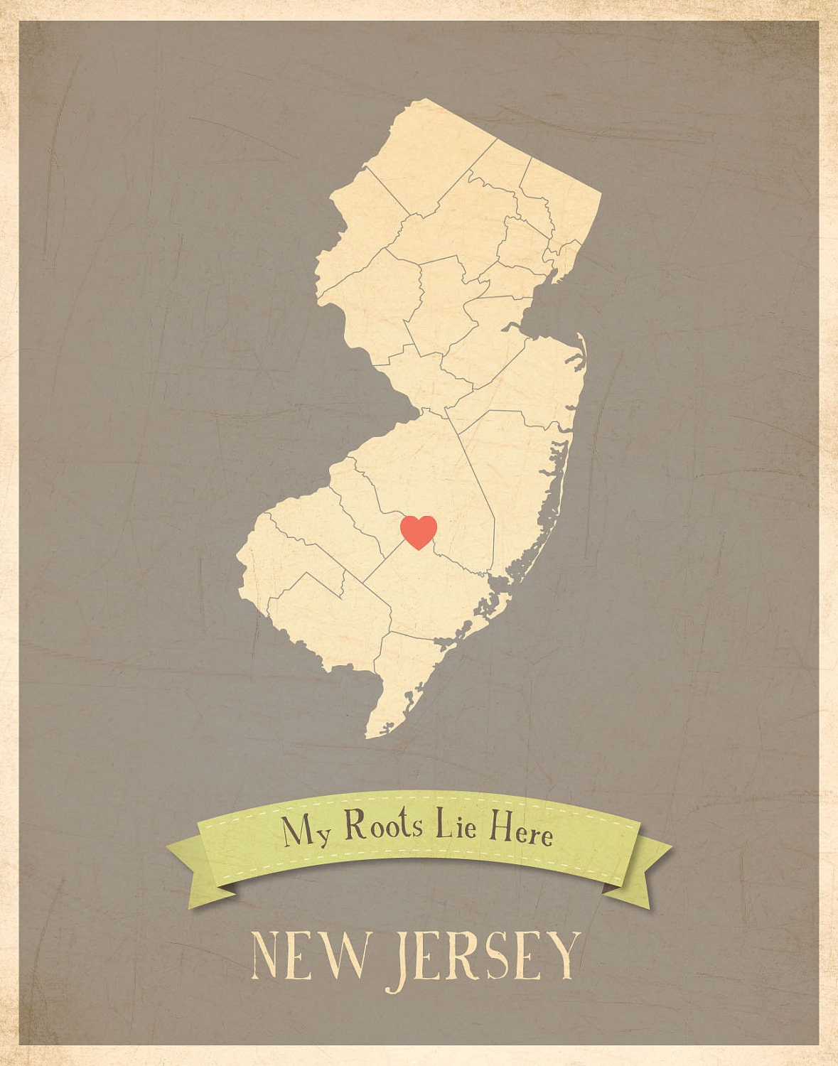 25% OFF SALE New Jersey Roots Map 11x14 Customized Print