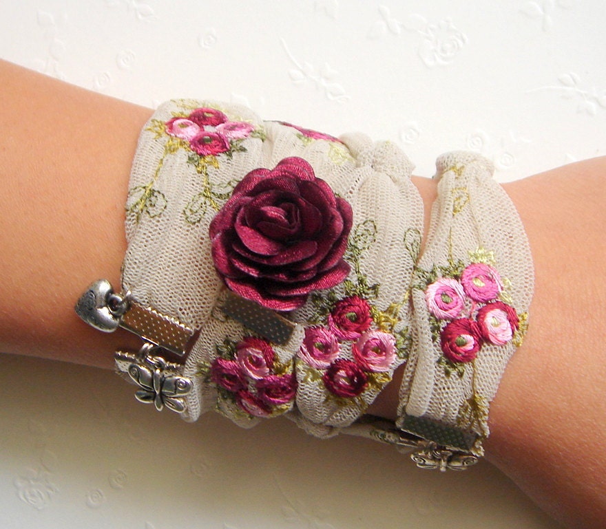 Wrap Bracelet,Textile Wrap Bracelet or Necklace,Textile Cuff,Embroidery Cuff,Embroidery Bracelet,Romantic Bracelet