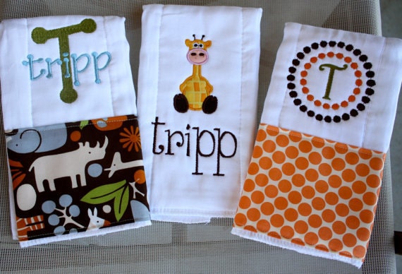 Personalized baby boy burp cloths - safari giraffe