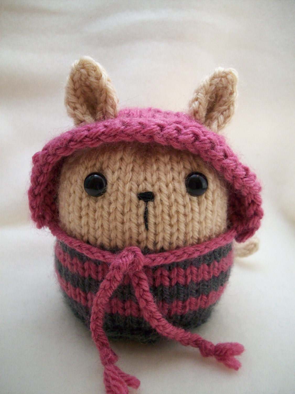 Hand Knitted Amigurumi Beige Kitty Cat with Rose and Blue Grey stripes and Rose hood - Knitty Kin