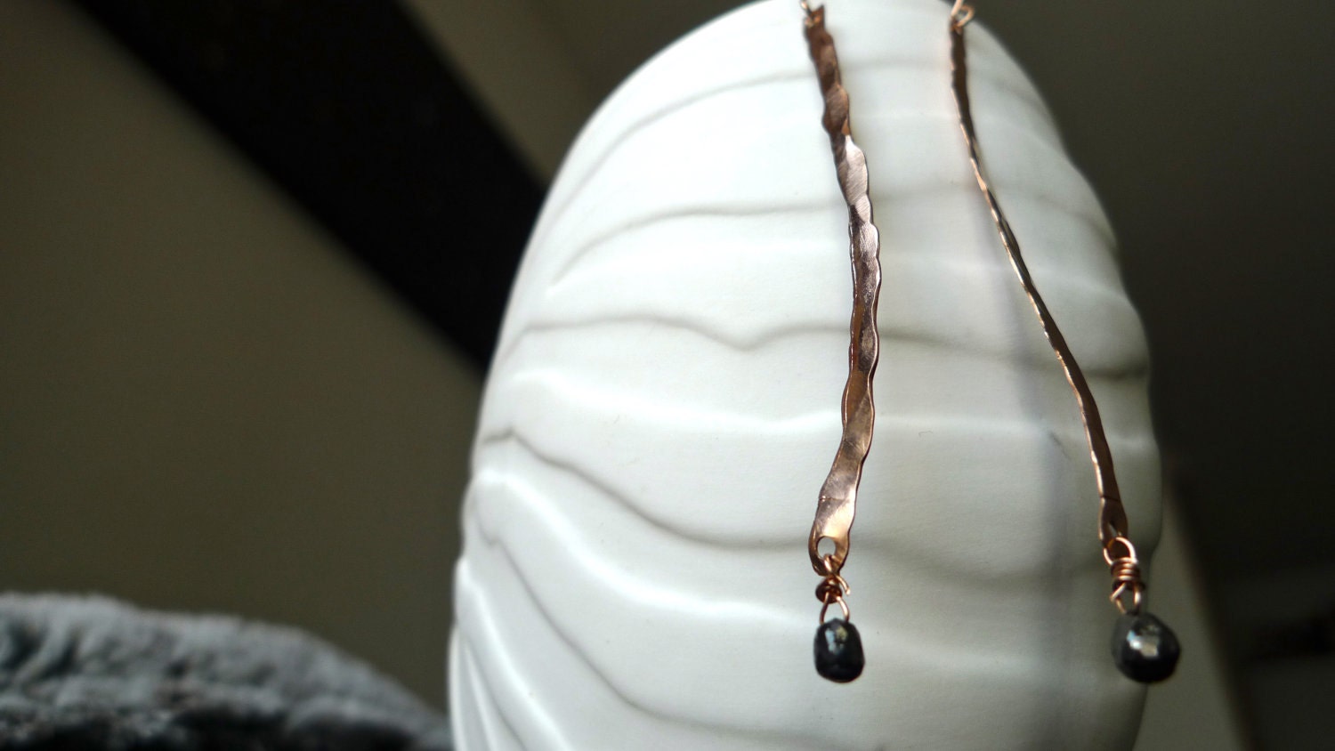 The "Tina" earrings of 14kt Hammered Rose Gold and Black Diamond Briolette