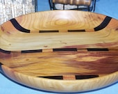 Large 10 1/4" hand turned Bowl Serving Plate Exquisite Plum Wood w/ Black Walnut & Plum Art Deco Inlay  Fruit Chip Platter Home Decor