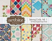 Sewing Circle, Vol. 1, 10 Piece Quilt Pattern Digital Scrapbooking Paper Pack, 12"x12", 300 dpi .jpg