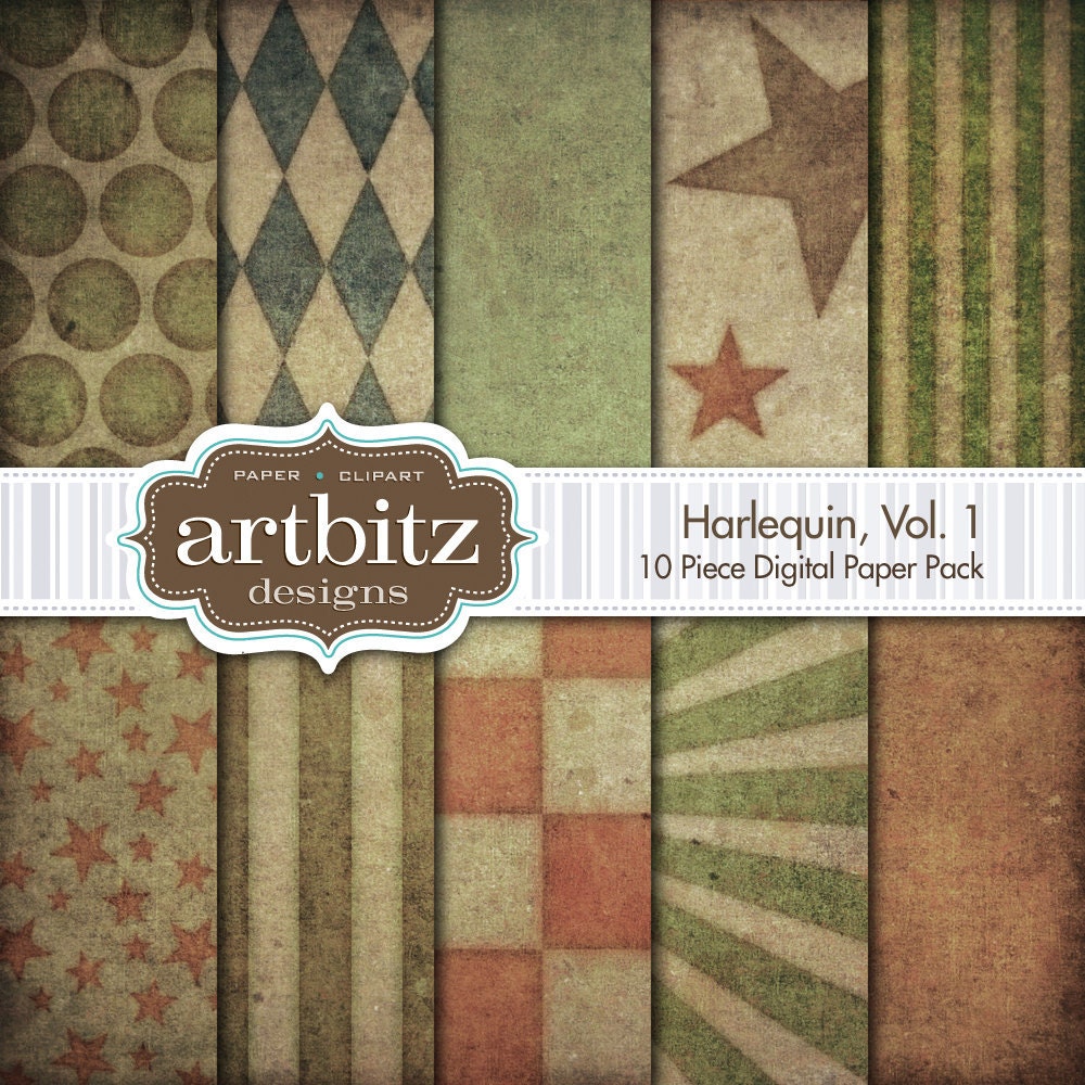 Harlequin Vol. 1, 10 Piece Distressed Digital Scrapbooking Paper Pack, 12"x12", 300 dpi .jpg