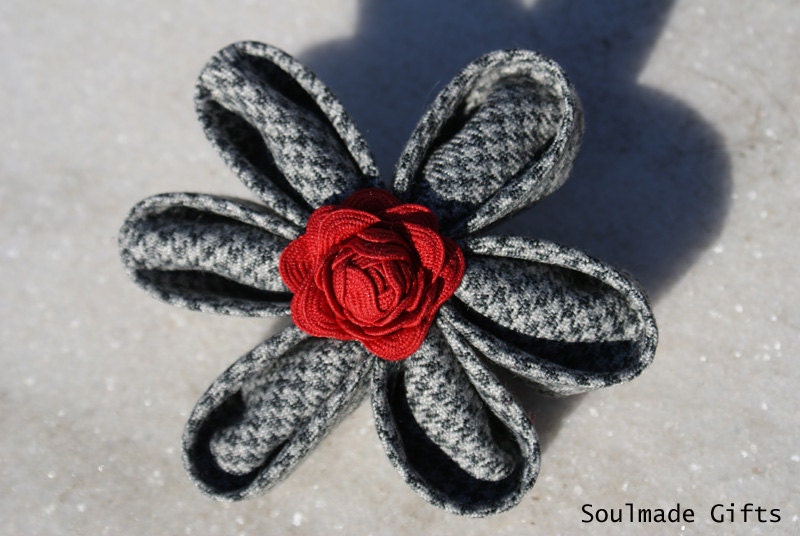 Red flower brooch Rose ribbon brooch Black white houndstooth fabric brooch Kanzashi flower brooch - soulmadegifts