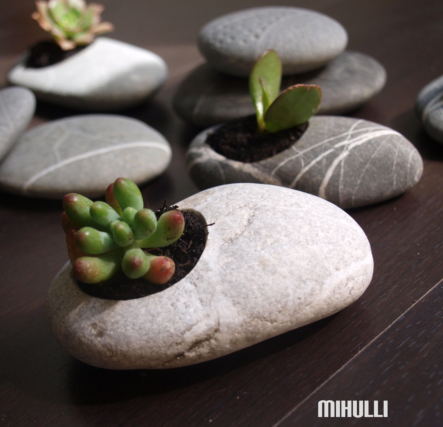 hand engraved beach pebble flower planter - simple zen design - Sicily beach stone zen garden
