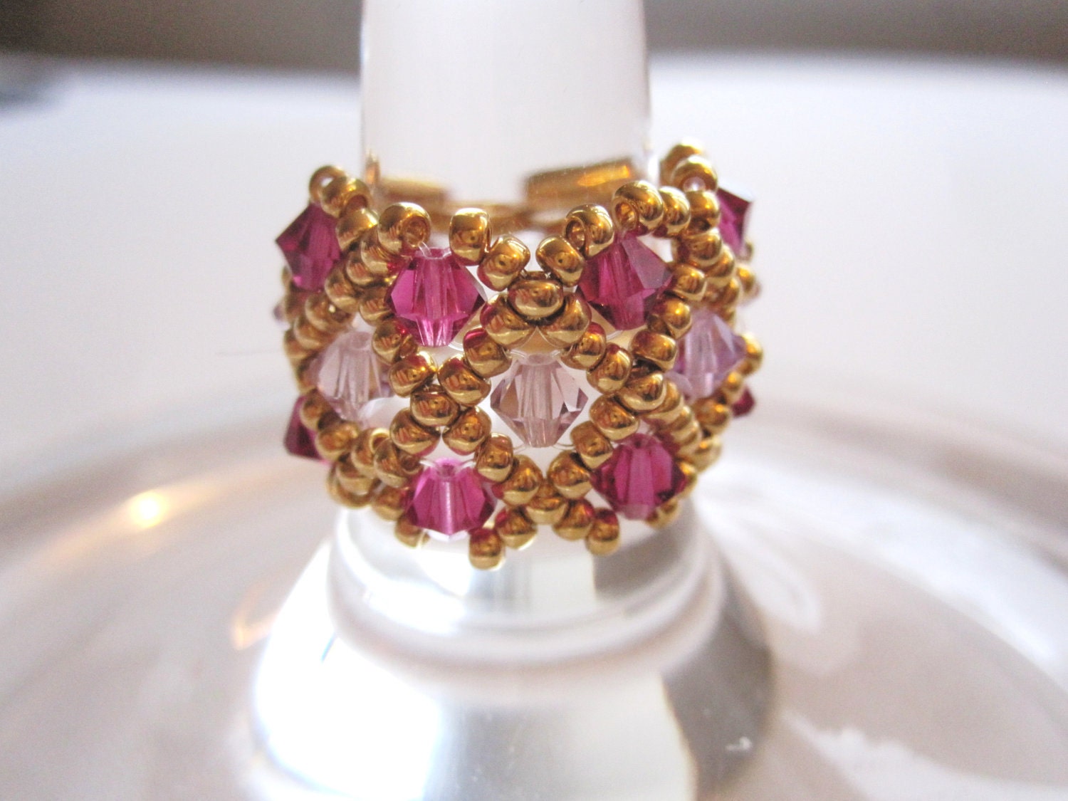 Red Purple and Pink Swarovski Crystal with Gold Beaded Ring - Size 5 - Free Shipping in the US