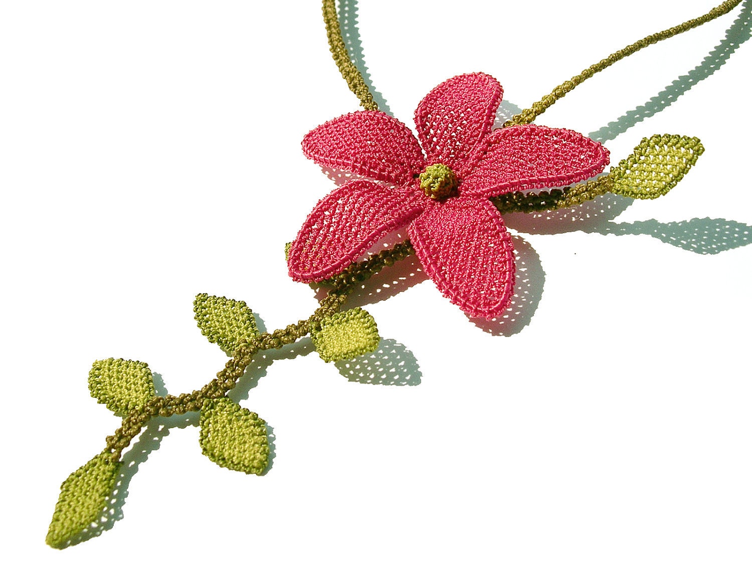 Pink botanical jewelry, lace necklace, hand embroidery flowered needlework fuchsia floral lime green leaves, tatted lace necklace TAGT