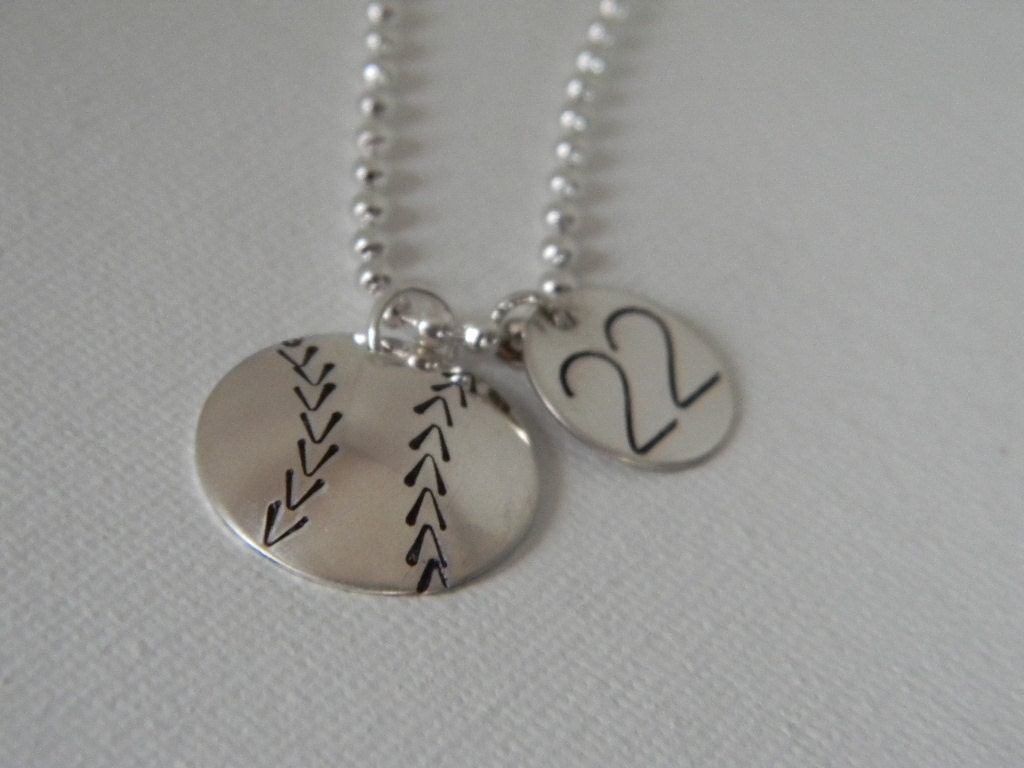 Baseball, Softball Solid Sterling Silver Custom Made Hand Stamped Personalized Sports Necklace with Number Charm