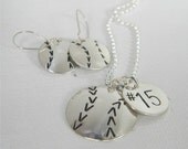 Solid Sterling Silver Baseball, Softball Hand Stamped Custom Made Personalized Sports Necklace and Earring Set with Number Charm