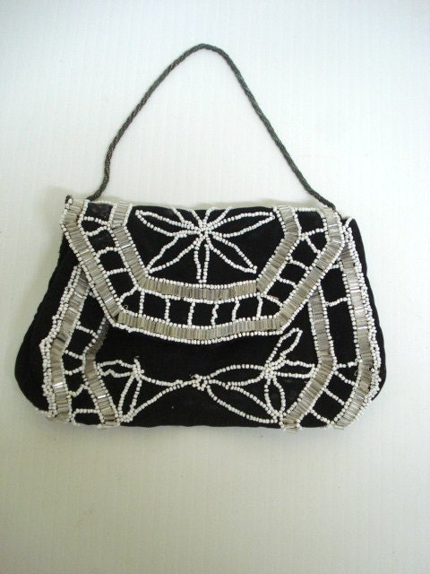 1940s Beaded  Bag - Purse - Black Silk