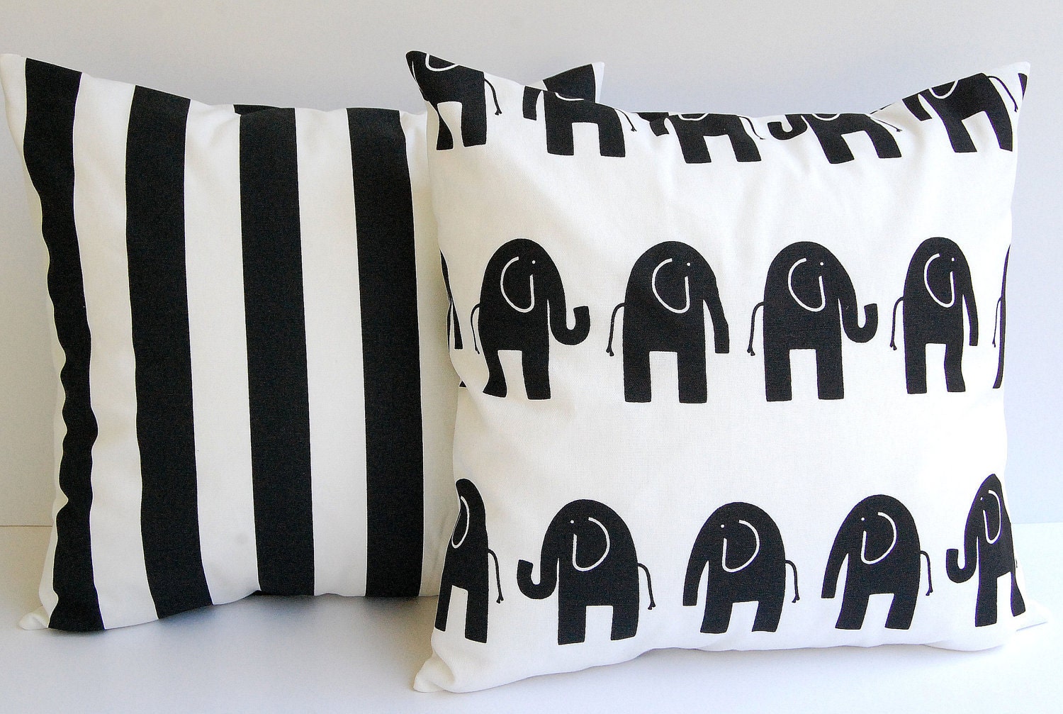 Decorative throw pillow covers set of two 20" x 20" Black and white Elephants and Canopy Stripe